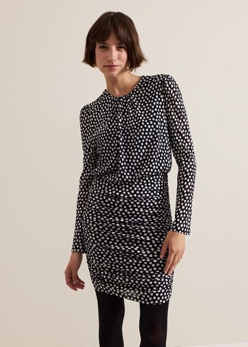 Phase Eight Teodroa Spot Ruched Dress Black USA | 3497581-SR